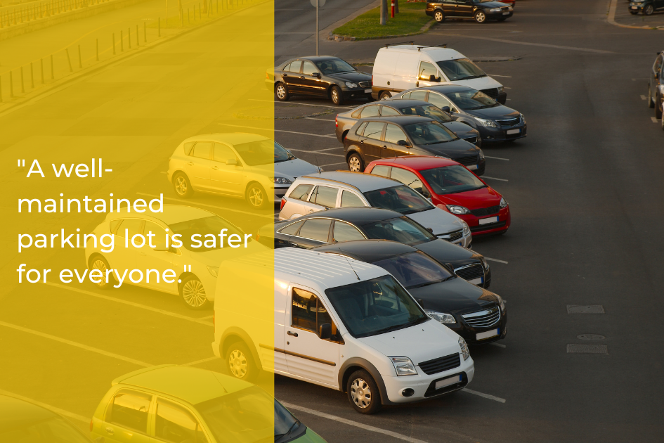 A parking lot with several parked cars and vans, viewed from above, alongside a quote about Texas parking lots and safety on a yellow transparent overlay.