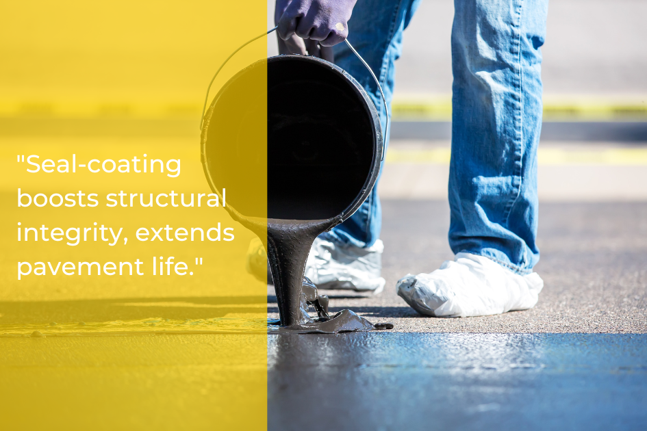 Person pours black seal-coat onto pavement; text overlay states, "Seal-coating boosts structural integrity, extends pavement life—essential for Texas parking lots and effective parking lot maintenance.
