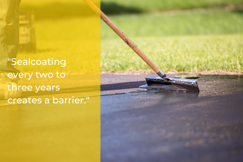 A person applies sealcoat to an asphalt surface in Austin TX with a squeegee; text overlay explains how regular sealcoating helps extend lifespan and protect your driveway.
