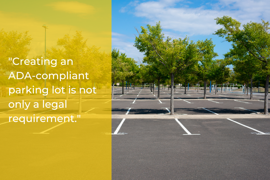 Empty Texas parking lot with evenly spaced trees, white parking lines, and a quote about ADA compliance on a yellow overlay to the left.