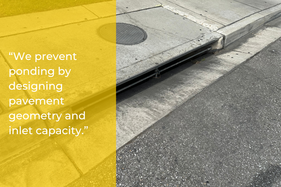 Close-up of a storm drain on a street corner with a concrete curb, featuring a yellow overlay with text highlighting the importance of proper drainage and effective pavement and inlet design.