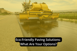 A yellow paving machine applies material to a rural road, with the text “Eco-Friendly Paving Options: What Are Your Choices?” overlaying the image.