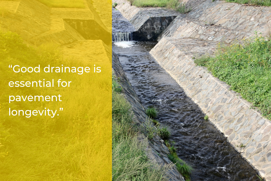 A concrete drainage channel with flowing water, bordered by stone embankments and green grass, sits beside a quote about eco-friendly paving solutions and pavement longevity.