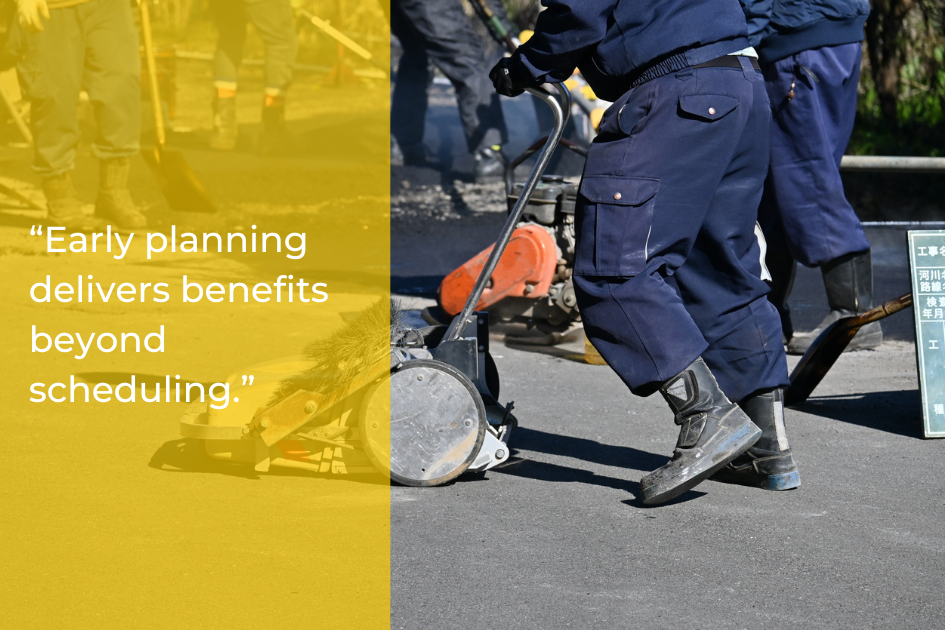 Workers in blue uniforms use machinery to cut asphalt on a road in Austin, while a motivational quote about planning for winter asphalt paving is overlaid on a yellow background.