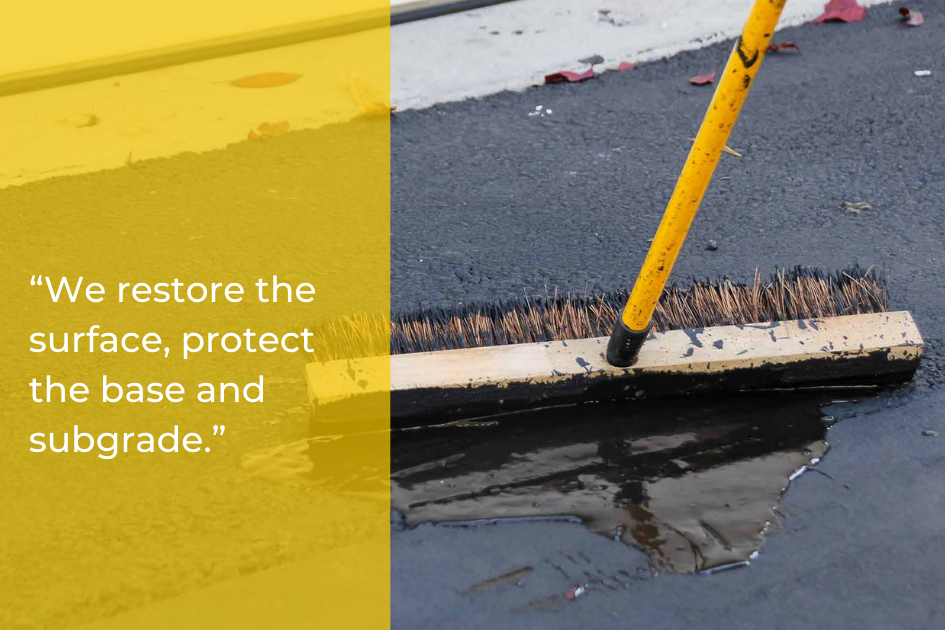 A yellow-handled broom sweeps water off a paved surface; a yellow overlay displays text about surface restoration and asphalt repair for Central Texas property owners.